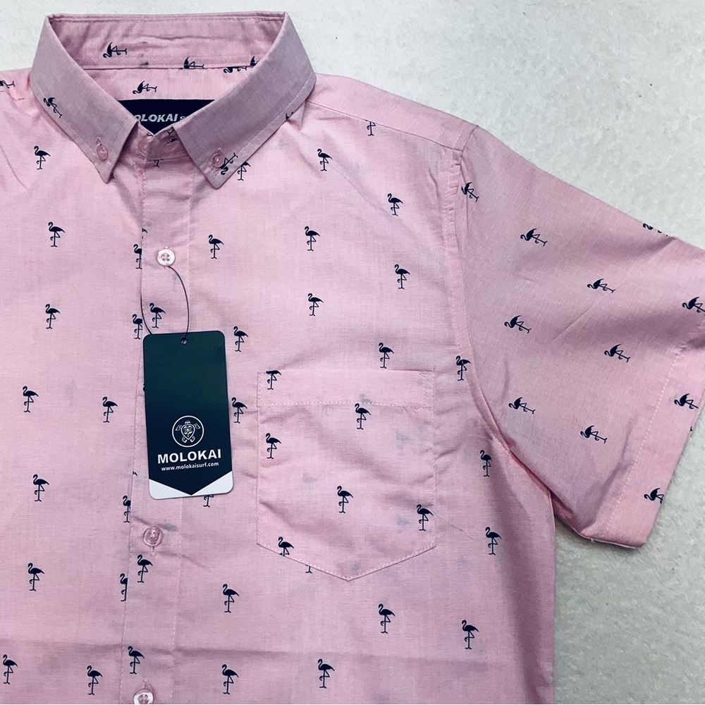 NWT MOLOKAI SURF CO. Mens Pink Flamingo Short Sleeve Button Down Shirt Tropical